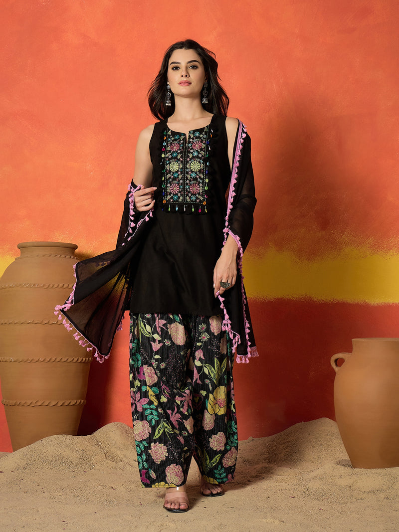 Stylum Women's Black Solid & Embroidered Pure Cotton Straight Kurti Farshi Salwar With Dupatta