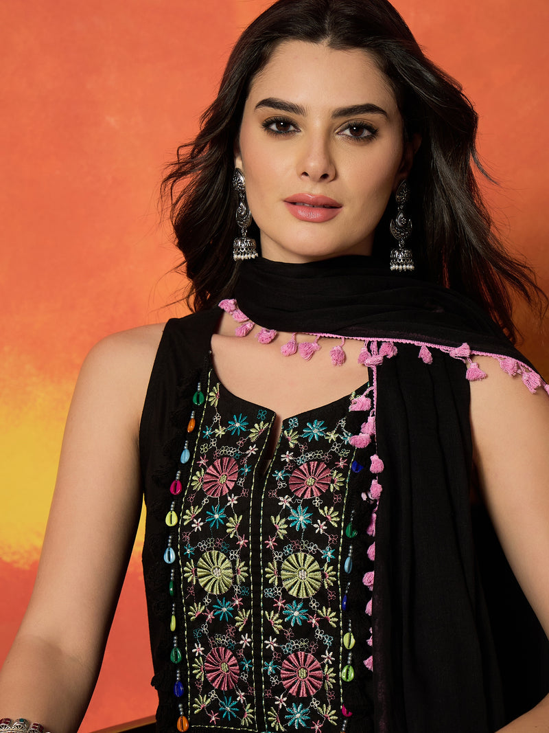 Stylum Women's Black Solid & Embroidered Pure Cotton Straight Kurti Farshi Salwar With Dupatta