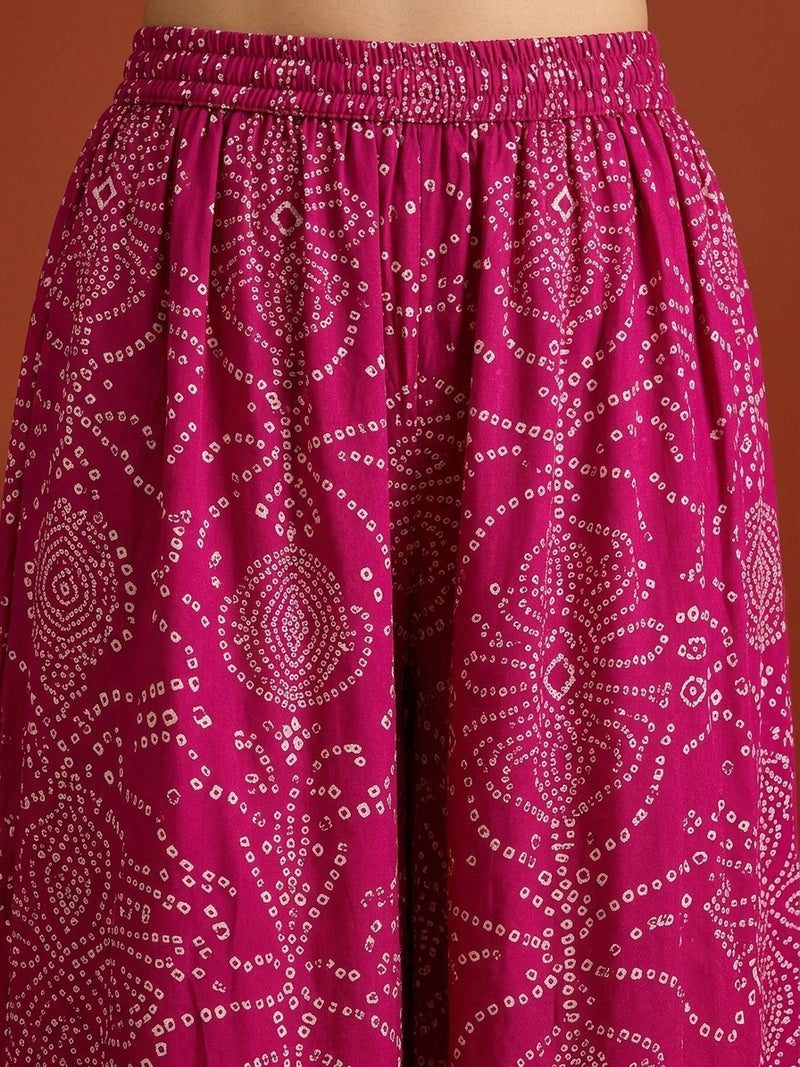 Stylum Women's Pink Bandhej Printed & Embroidered Rayon Straight Short Kurti Palazzo Dupatta Set