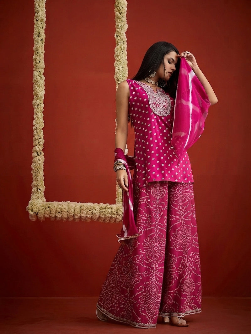 Stylum Women's Pink Bandhej Printed & Embroidered Rayon Straight Short Kurti Palazzo Dupatta Set