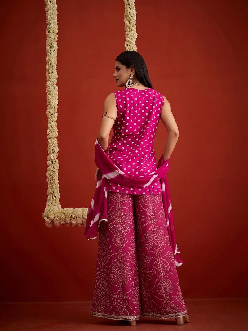Stylum Women's Pink Bandhej Printed & Embroidered Rayon Straight Short Kurti Palazzo Dupatta Set