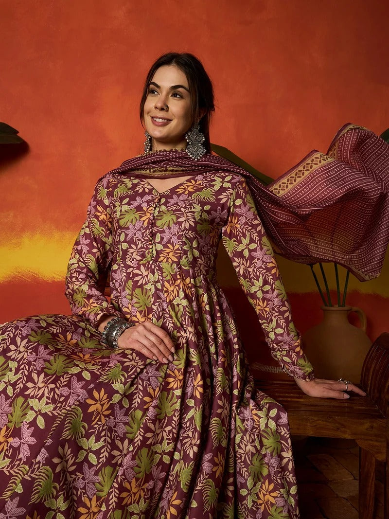 Stylum Women's Mauve Floral Printed Rayon Anarkali Kurta Pant Dupatta Set