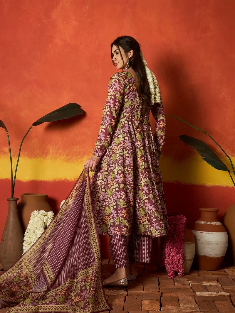 Stylum Women's Mauve Floral Printed Rayon Anarkali Kurta Pant Dupatta Set