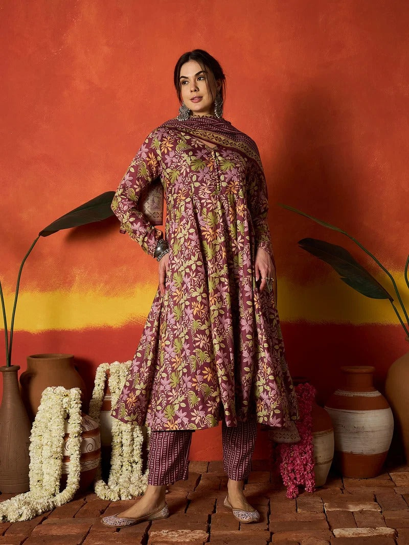 Stylum Women's Mauve Floral Printed Rayon Anarkali Kurta Pant Dupatta Set