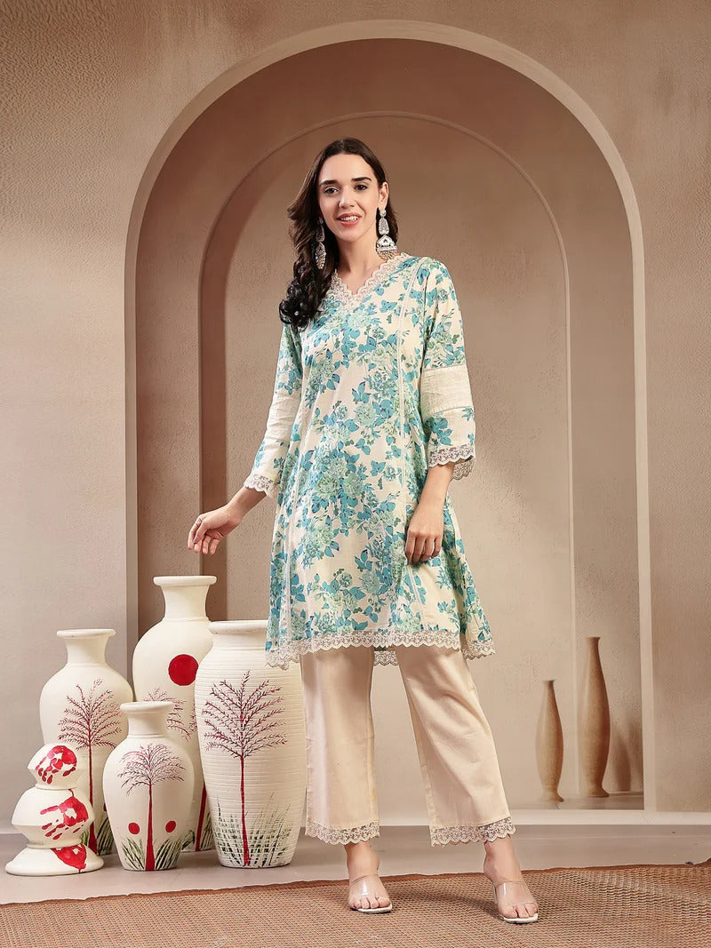 Stylum Women Printed V-Neck Cotton Tunic and Trousers Co-Ords