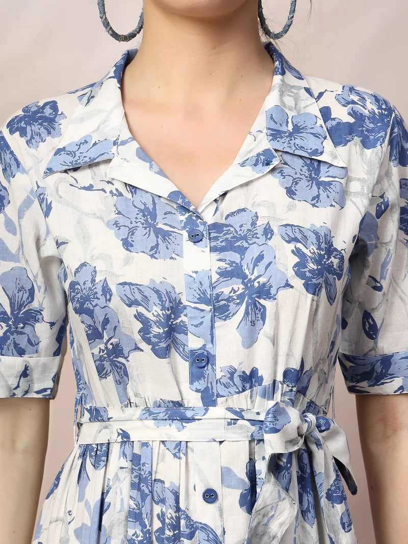 Stylum Women's Floral Printed Cotton Flared Dress - Blue