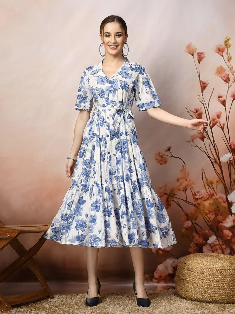 Stylum Women's Floral Printed Cotton Flared Dress - Blue