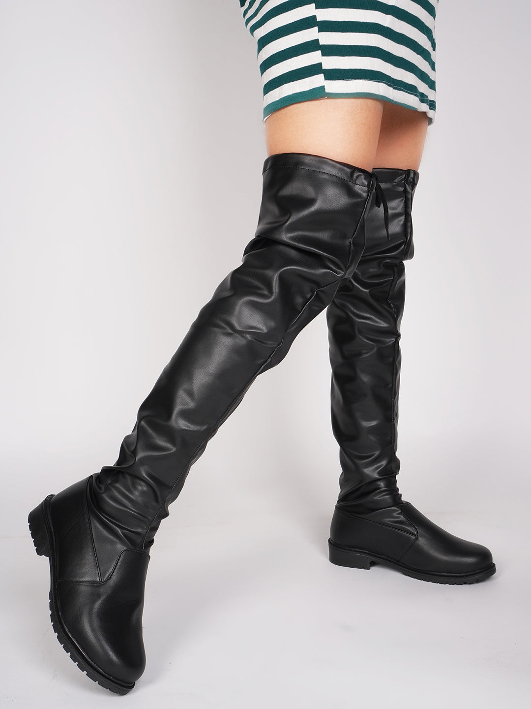 JM Looks Faux Leather Over The Knee Long Boots for Women Flat