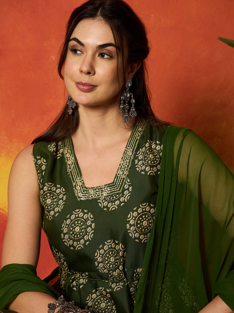Stylum Women's Green Ethnic Motif Printed Rayon Anarkali Kurta Pant Dupatta Set