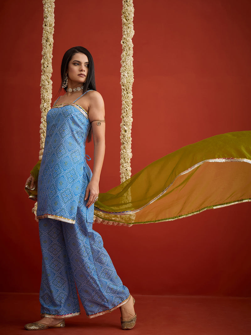 Stylum Women's Blue Bandhej Printed Cotton Straight Kurti Palazzo & Organza Dupatta Set