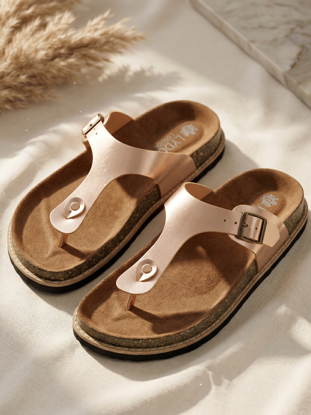 LYDC Rose Gold Sandals For Women Welt-Crafted T-Strap Sandals