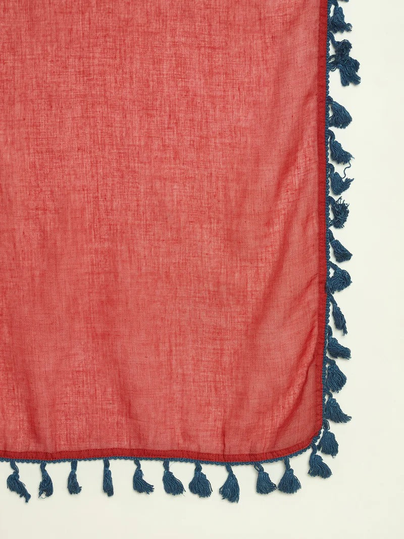 Stylum Women Regular Red Pure Cotton Kurti With Farshi Salwar & Dupatta