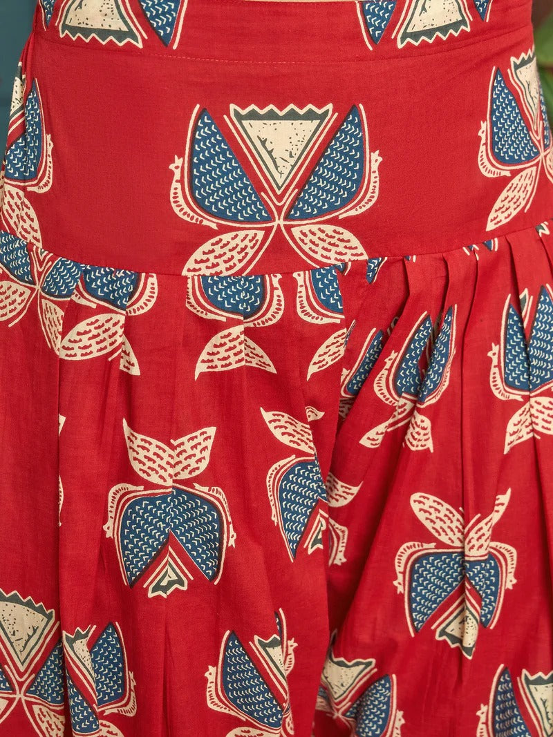 Stylum Women Regular Red Pure Cotton Kurti With Farshi Salwar & Dupatta