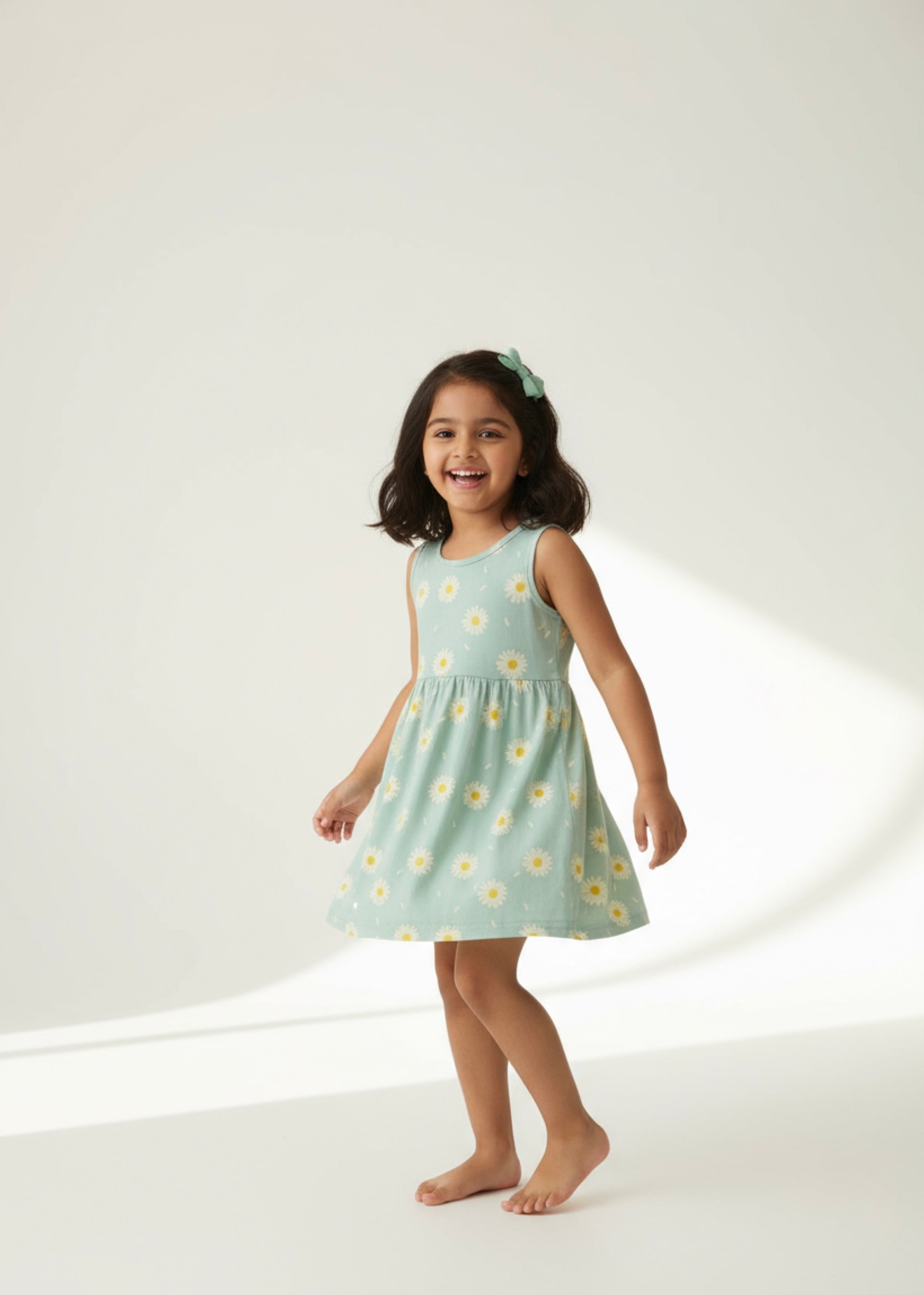 Urbanrac Pastel Aqua Green Floral Sleeveless Cotton Dress for Little Girls