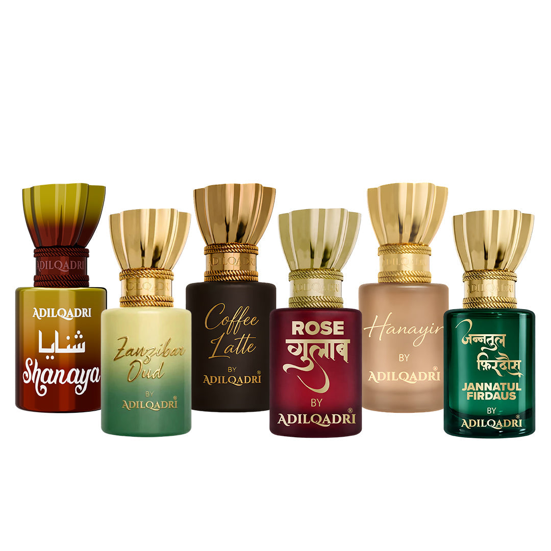 Pack of 6 Shanaya, Zanzibar Oud, Coffee Latte, Rose, Hanayir, Jannatul Firdaus Attar 5.5 Ml Each