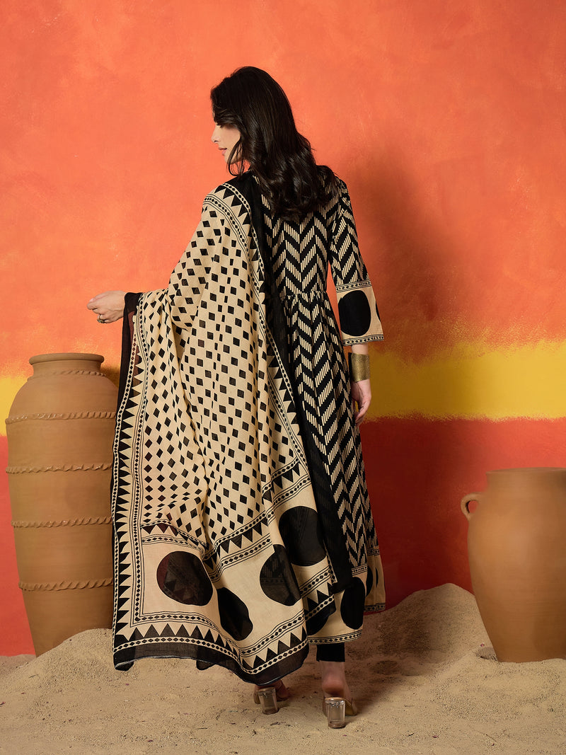 Stylum Women's Black Chevron Printed Cotton Anarkali Kurta Pant Dupatta Set
