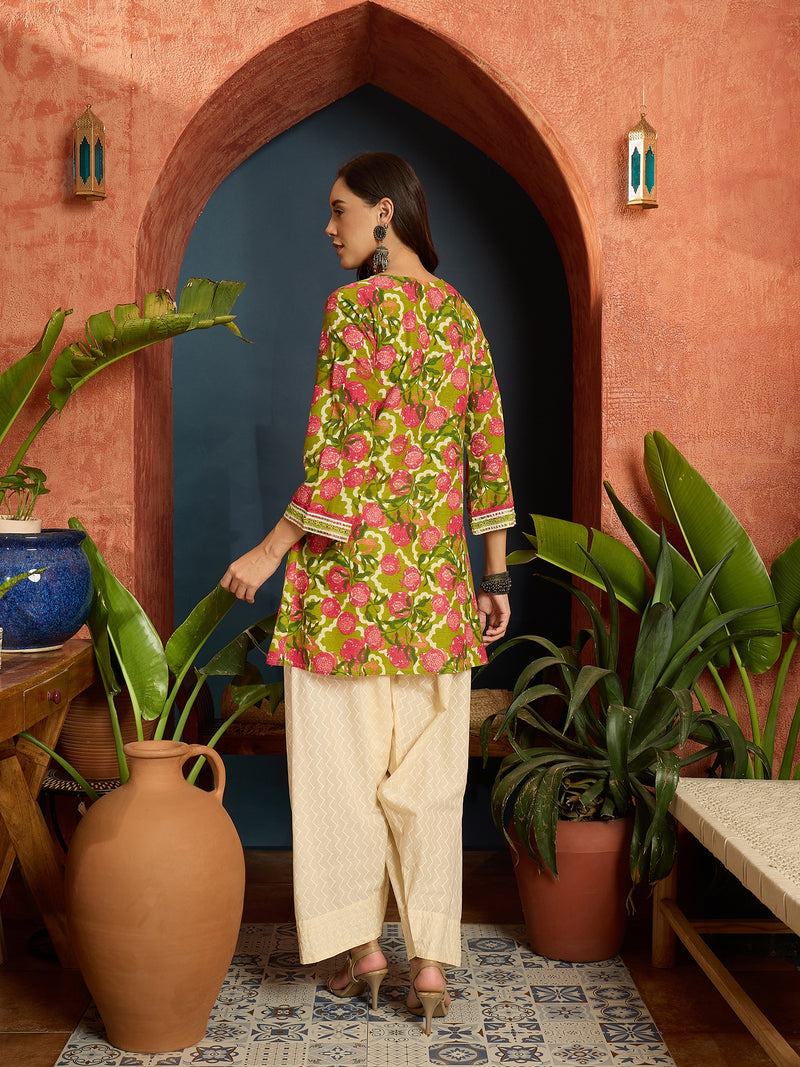 Stylum Women's Green Floral Printed & Embroidered Cotton A-Line Short Kurti With Farshi Salwar