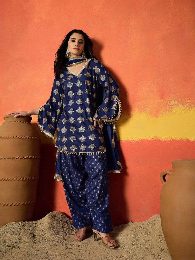 Stylum Women's Gold Printed Rayon A-Line Kurti Farshi Salwar With Dupatta