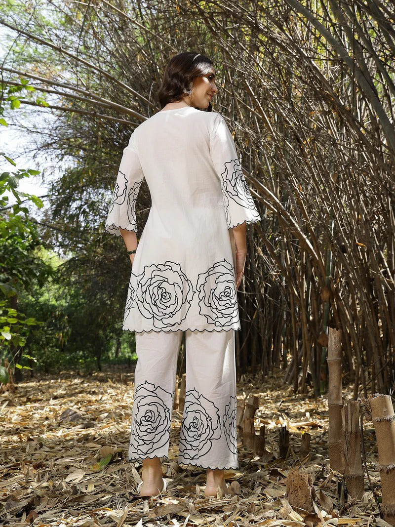 Stylum Women's White Floral & Embroidered Cotton Co-ord Set