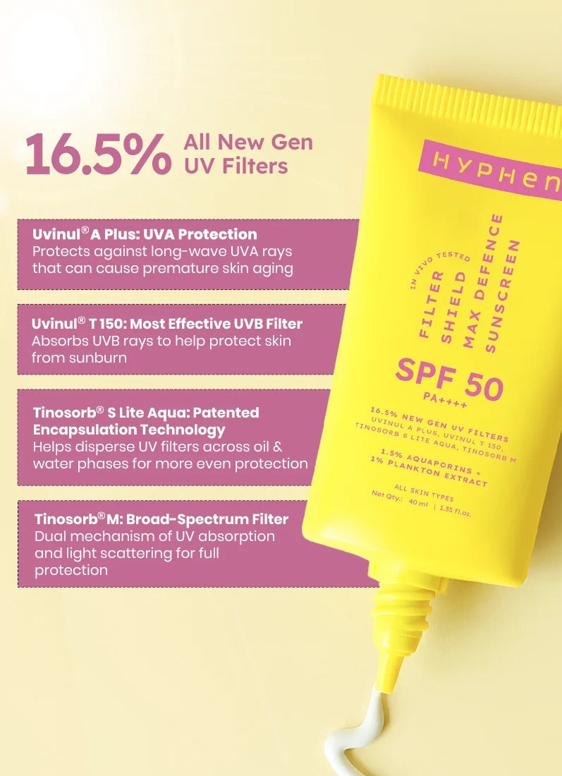 Hyphen Filter shield sunscreen max defence spf 50 pa++++ - 40ml