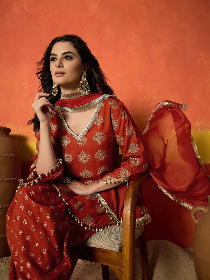 Stylum Women's Gold Printed Rayon A-Line Kurti Farshi Salwar With Dupatta