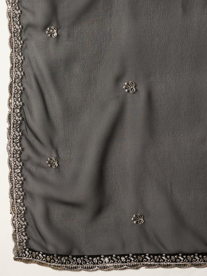 Stylum Women's Black Solid & Embroidered Georgette Anarkali Kurta Pant With Dupatta