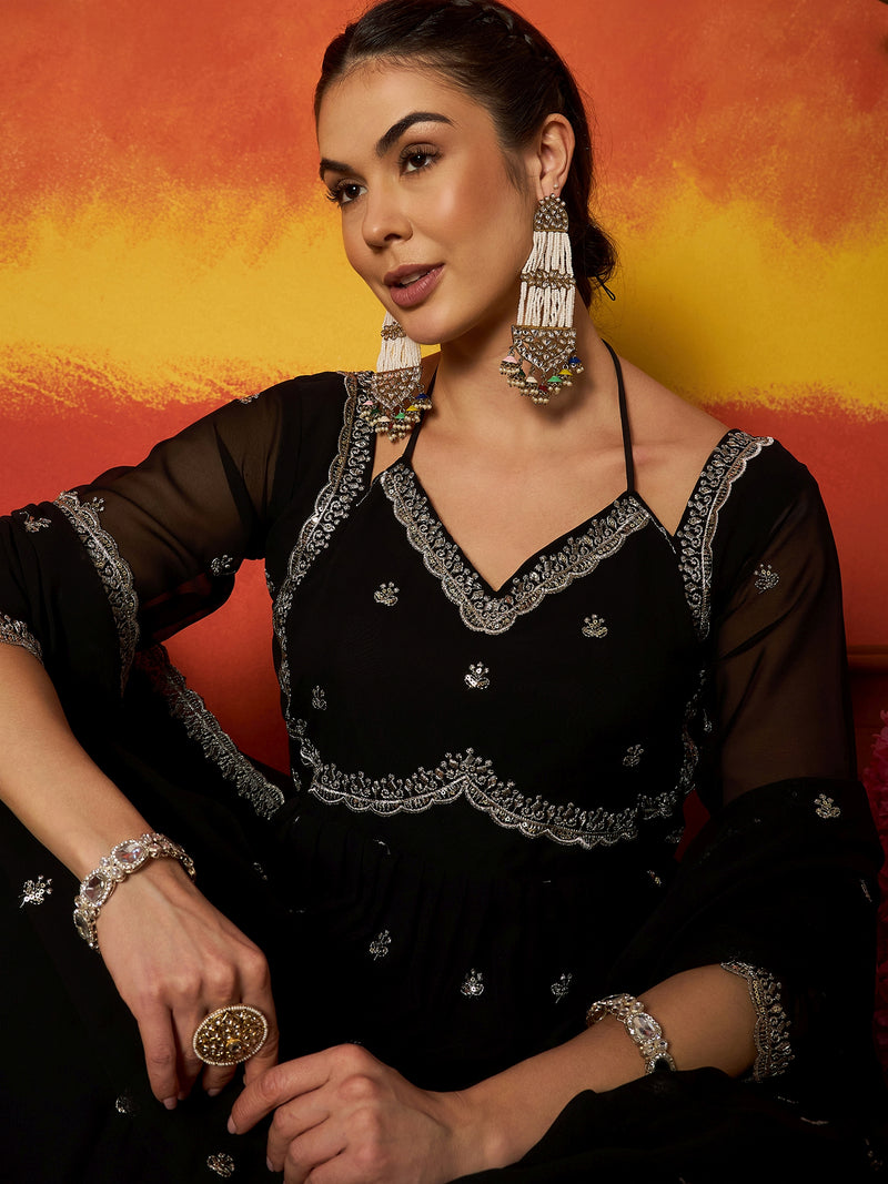 Stylum Women's Black Solid & Embroidered Georgette Anarkali Kurta Pant With Dupatta