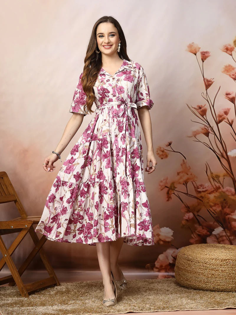 Stylum Women's Floral Printed Cotton Flared Dress - Magenta