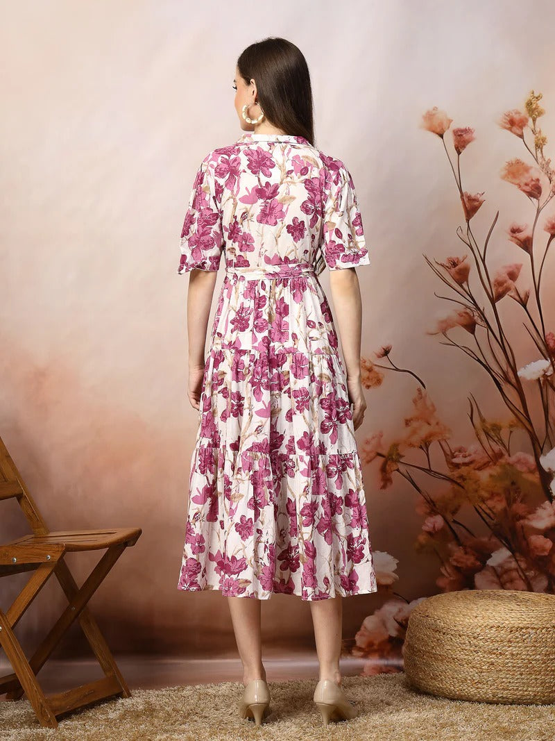 Stylum Women's Floral Printed Cotton Flared Dress - Magenta