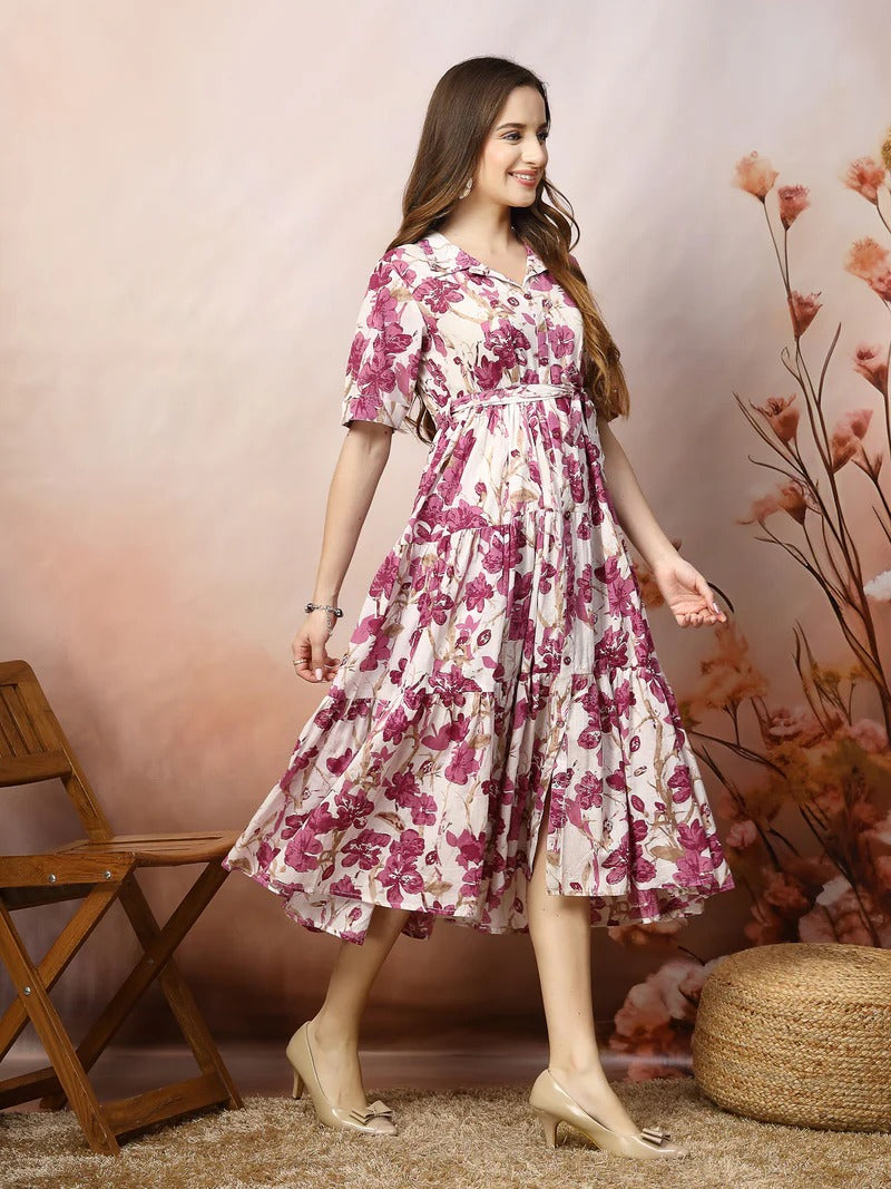 Stylum Women's Floral Printed Cotton Flared Dress - Magenta