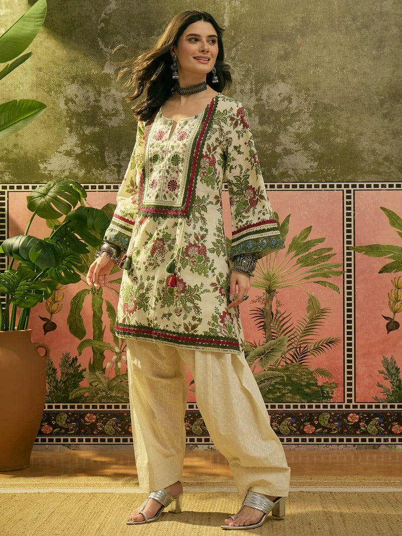 Stylum Women Red Floral Printed Regular Pure Cotton Kurta With Farshi Salwar