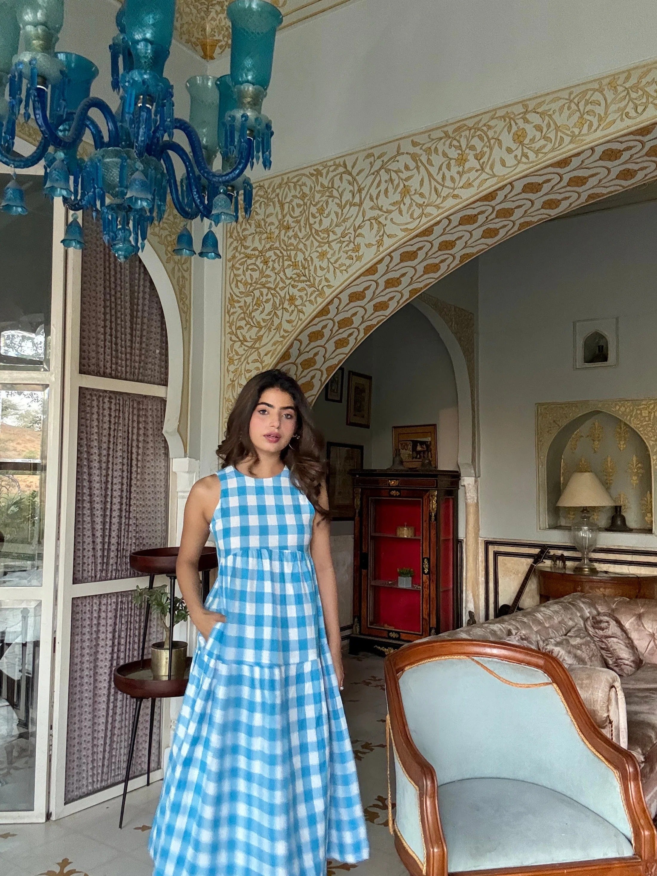 Sugnaa Classic A-Line Gingham Dress - Blue