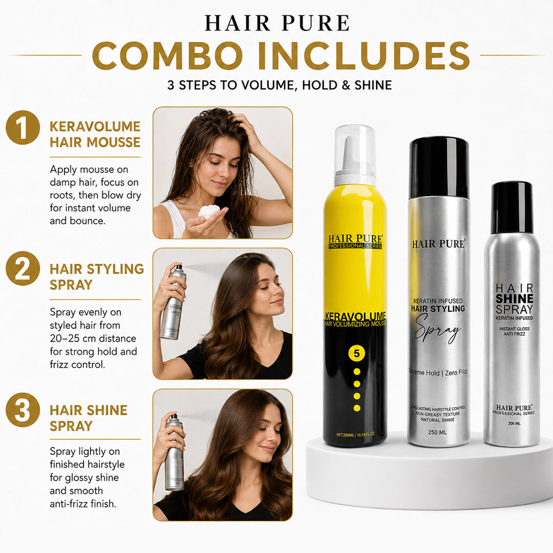 Redifyn Hair Pure Salon Styling Combo Pack (Keratin Hair Mousse 300ml + Strong Hold Hair Spray 250ml + Instant Shine Spray 200ml)