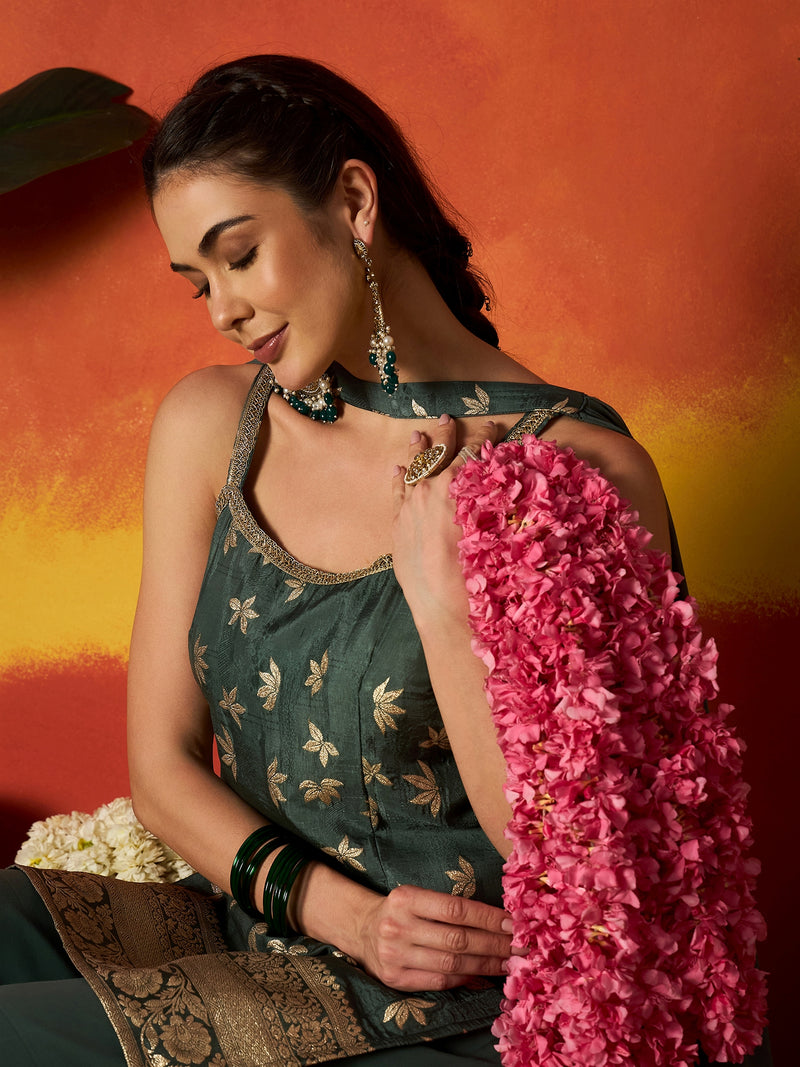 Stylum Women's Green Floral Printed & Embroidered Brocade Straight Kurti Palazzo Dupatta Set