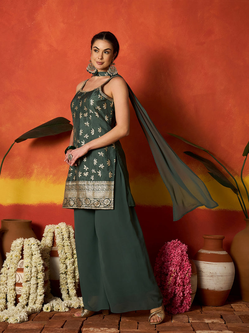Stylum Women's Green Floral Printed & Embroidered Brocade Straight Kurti Palazzo Dupatta Set