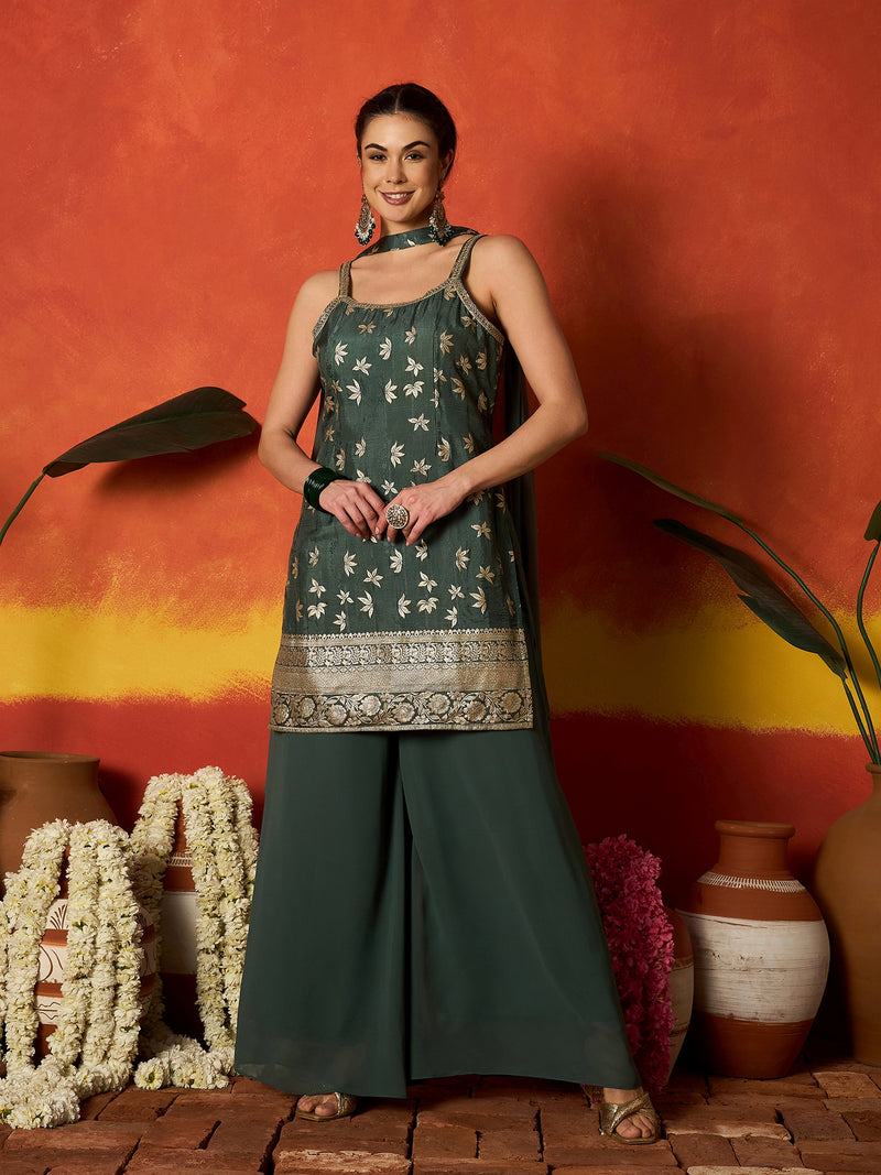 Stylum Women's Green Floral Printed & Embroidered Brocade Straight Kurti Palazzo Dupatta Set