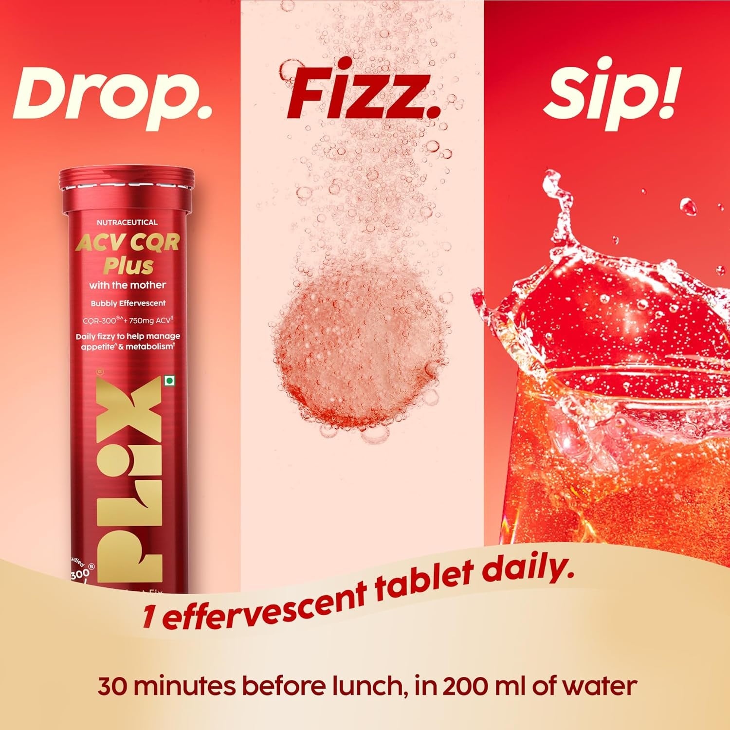 Plix ACV CQR Plus Effervescent for Fat Reduction & Weight Management - Pack of 4