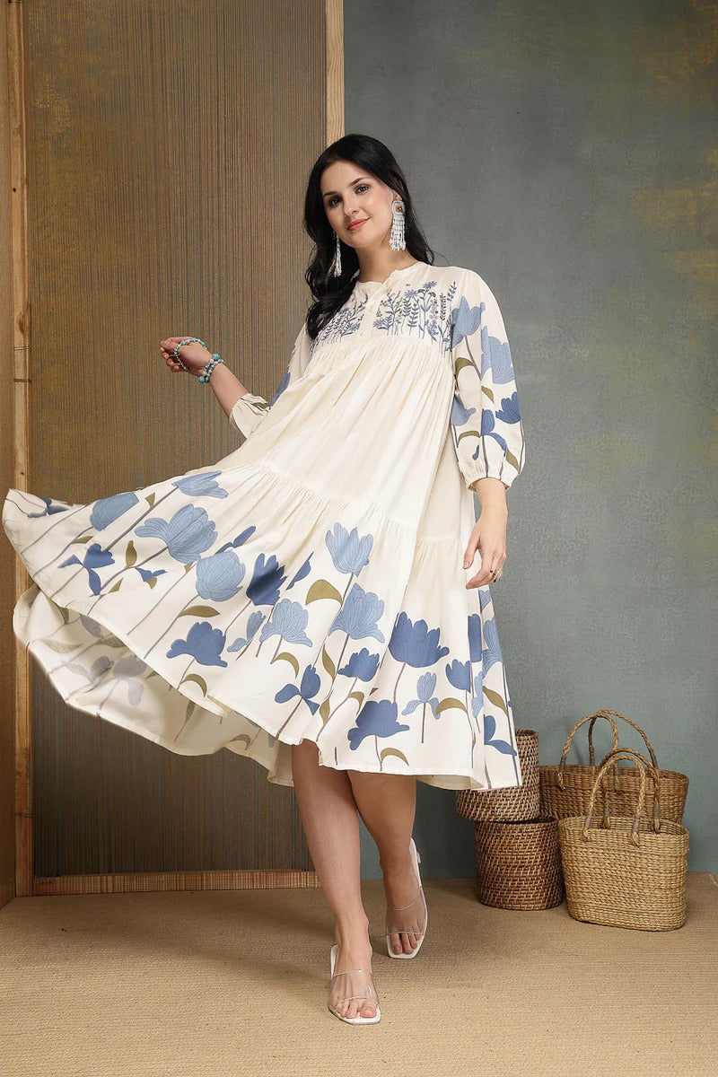 Stylum Women's Blue Floral Printed & Embroidered Cotton Tiered Dress