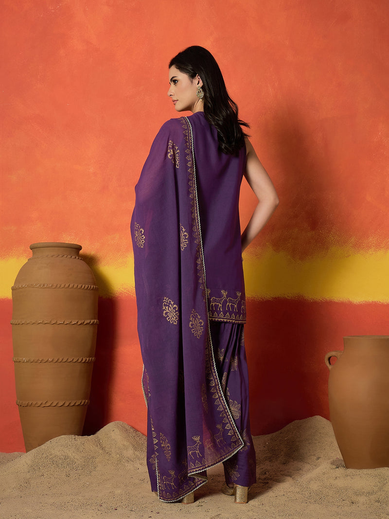 Stylum Women's Purple Gold Printed & Embroidered Rayon Straight Short Kurti Farshi Salwar Dupatta Set