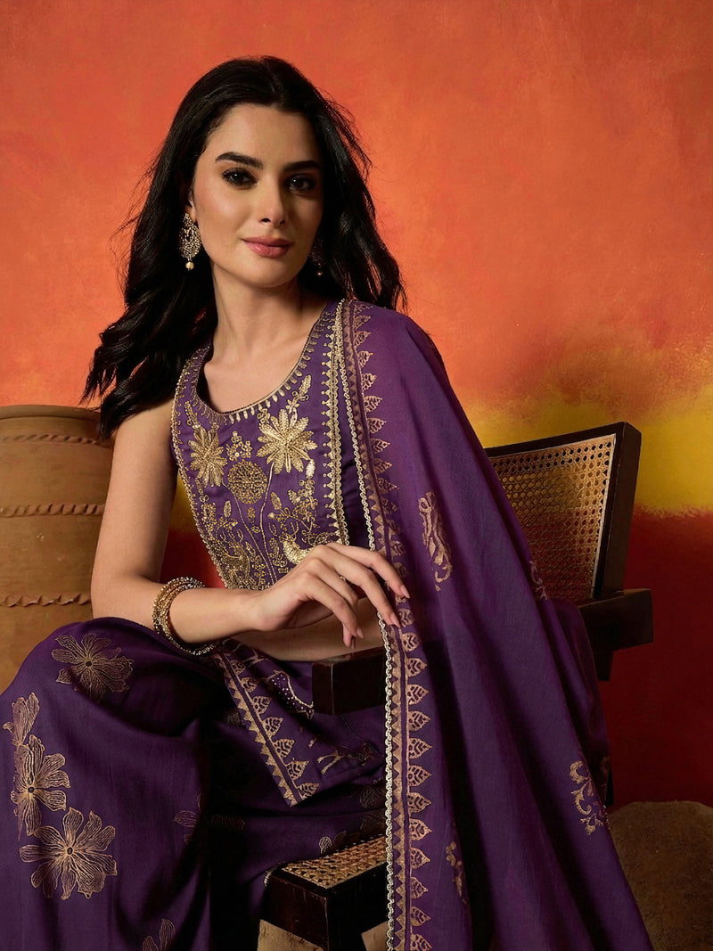Stylum Women's Purple Gold Printed & Embroidered Rayon Straight Short Kurti Farshi Salwar Dupatta Set