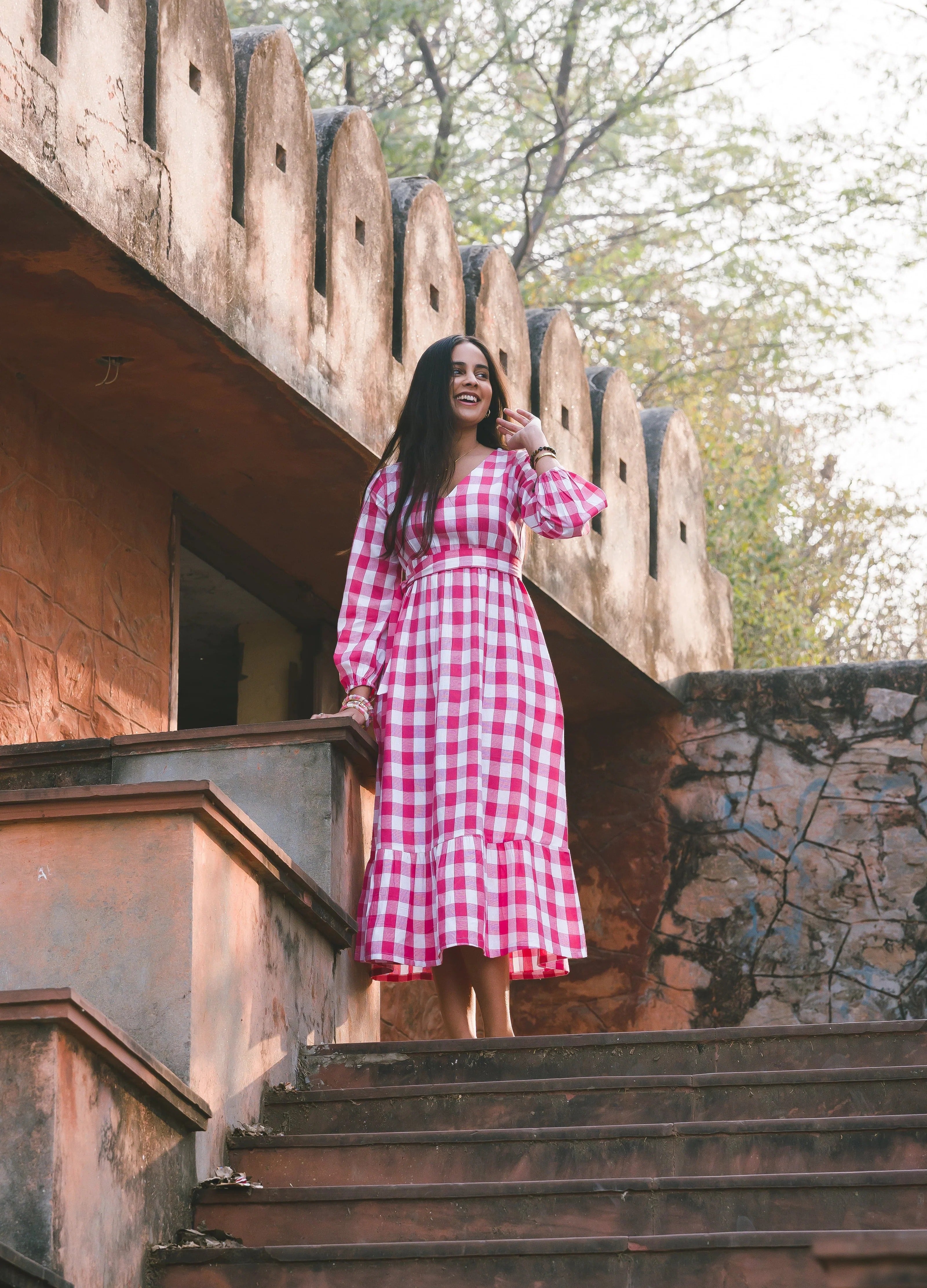 Sugnaa Gingham Full Dress - Pink