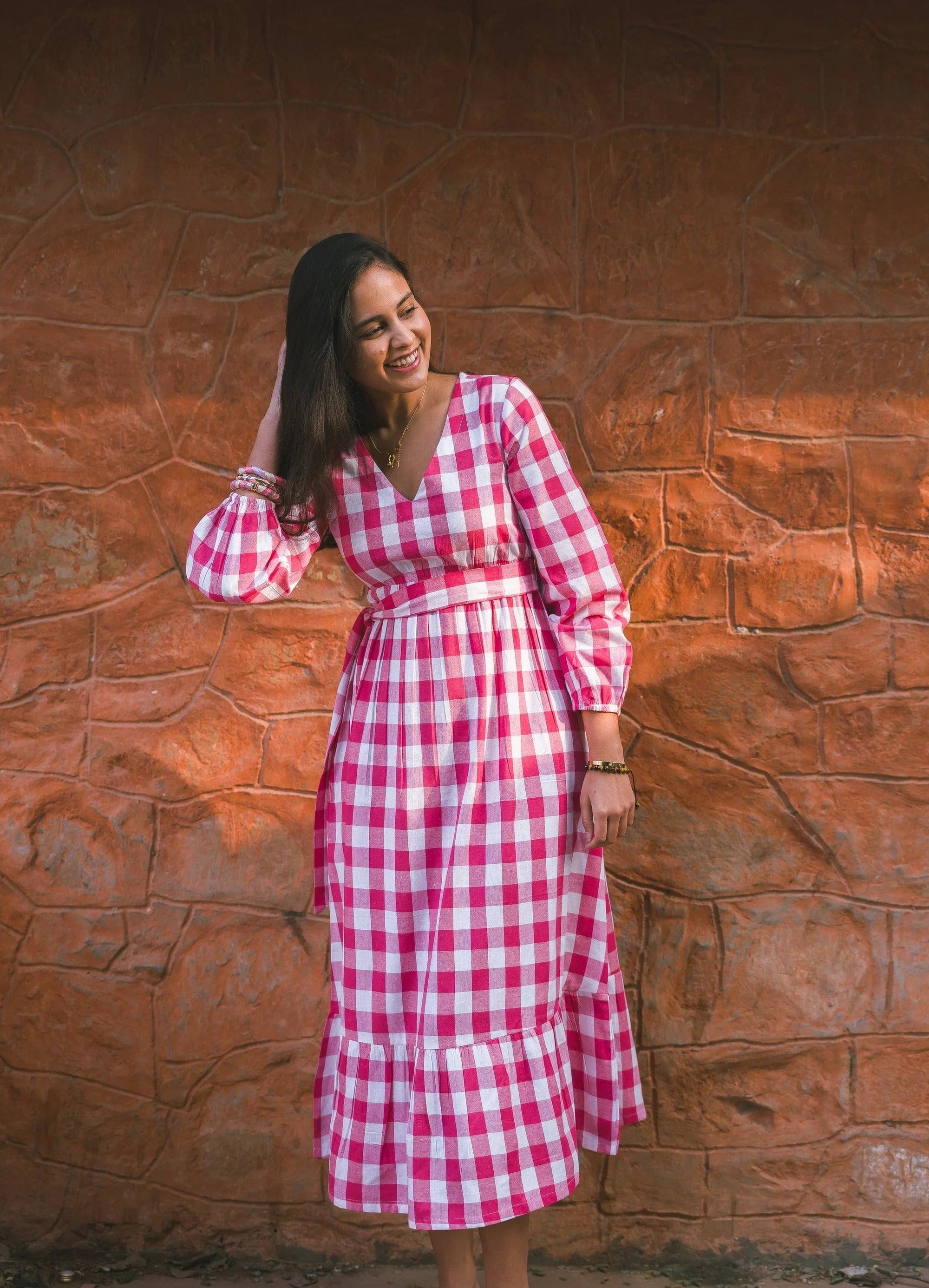 Sugnaa Gingham Full Dress - Pink