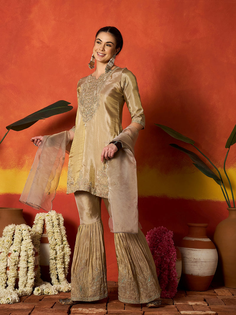 Stylum Women's Beige Solid & Embroidered Silk Blend Straight Kurti Sharara With Dupatta
