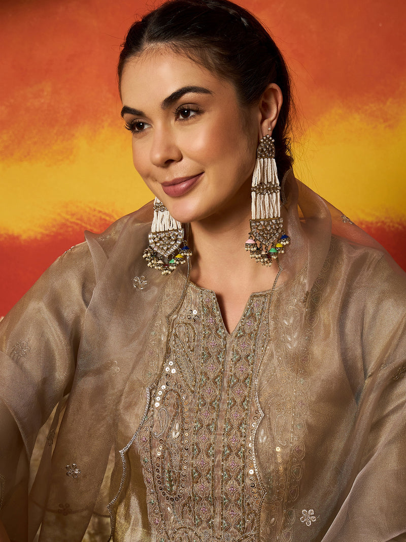 Stylum Women's Beige Solid & Embroidered Silk Blend Straight Kurti Sharara With Dupatta