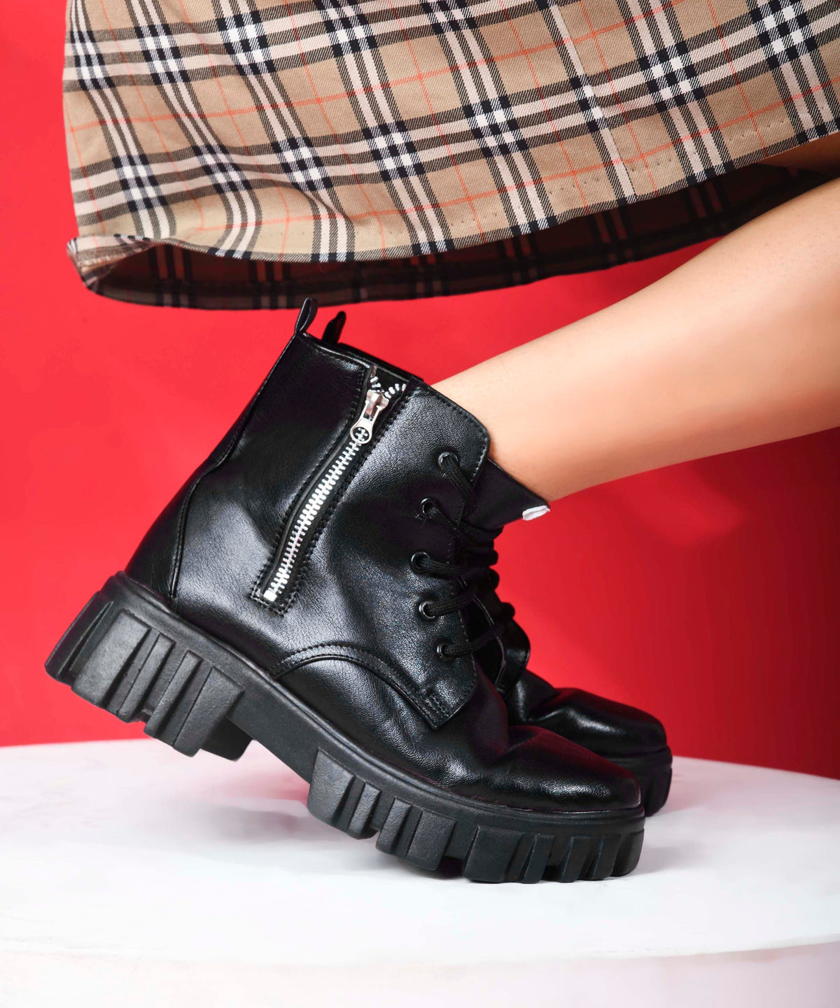 JM Looks Women Chunky Platform Combat Boots Lace-Up Zip Ankle Boots Footwear