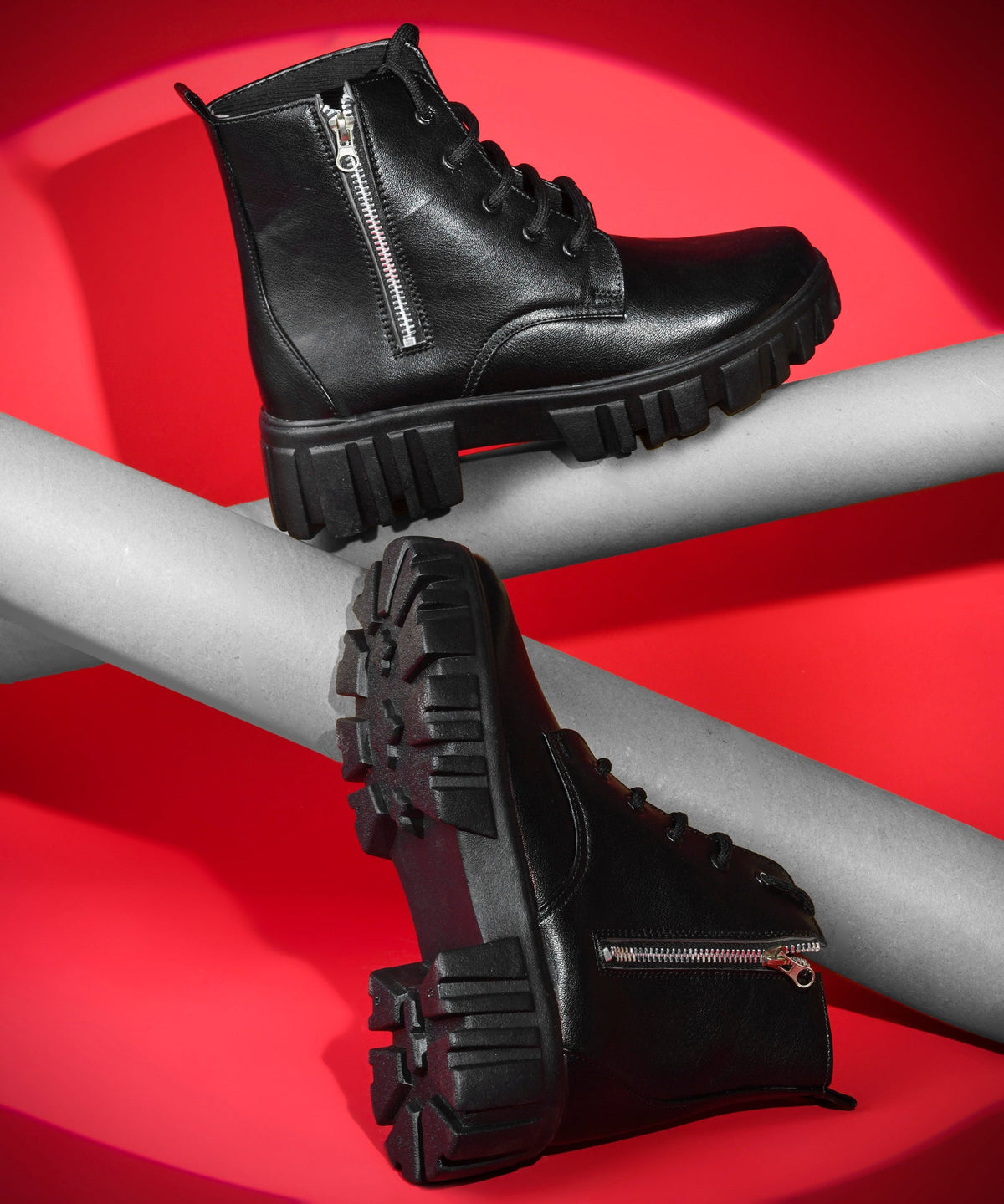 JM Looks Women Chunky Platform Combat Boots Lace-Up Zip Ankle Boots Footwear