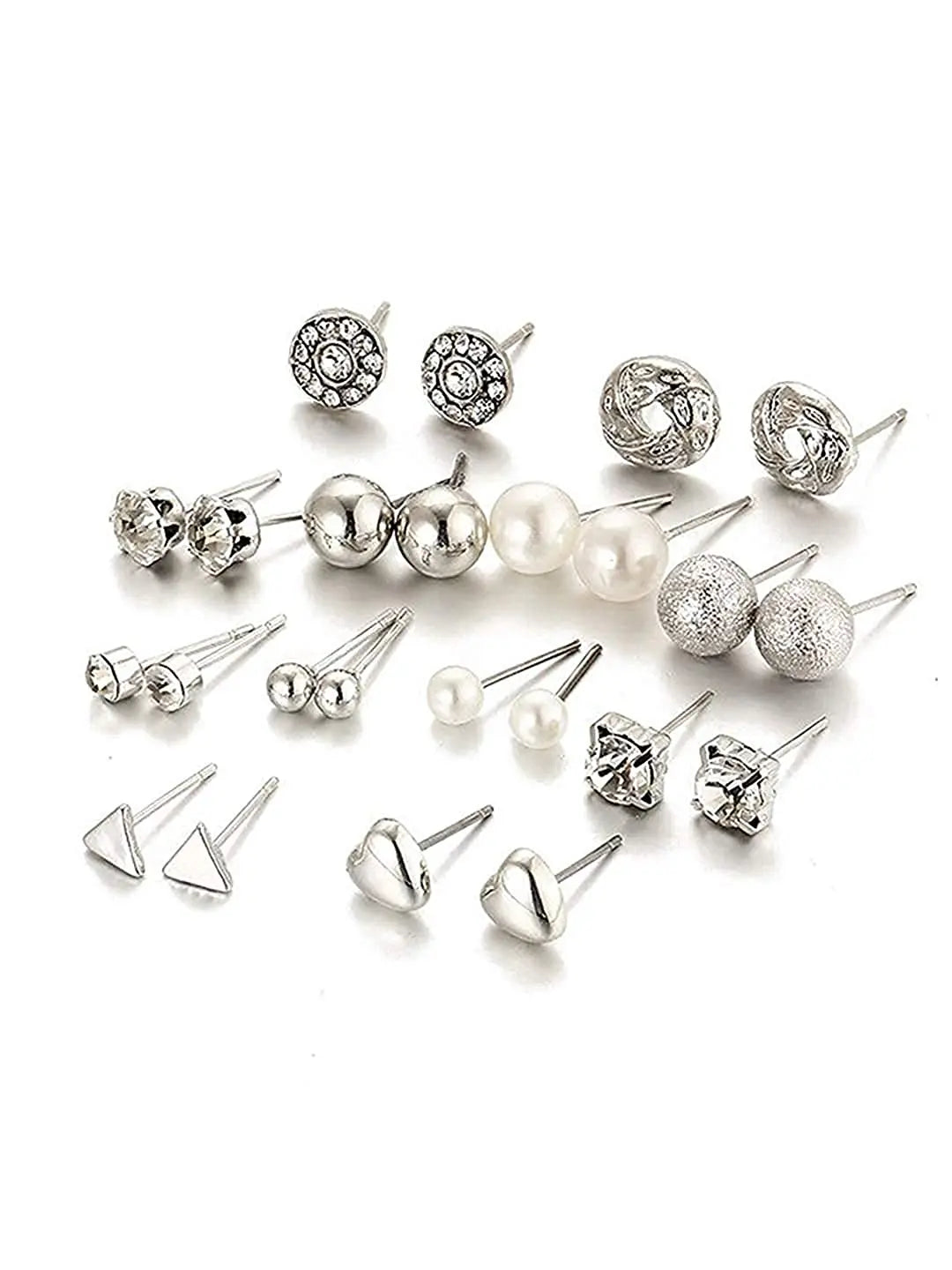 Salty "All Things Silver" Diamond Triangle Heart Inlaid 12 Pairs Stud Earrings