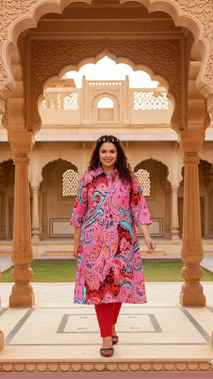 Label Flavia Bold Pink Paisley Plus Size Kurti – Artistic & Vibrant Elegance