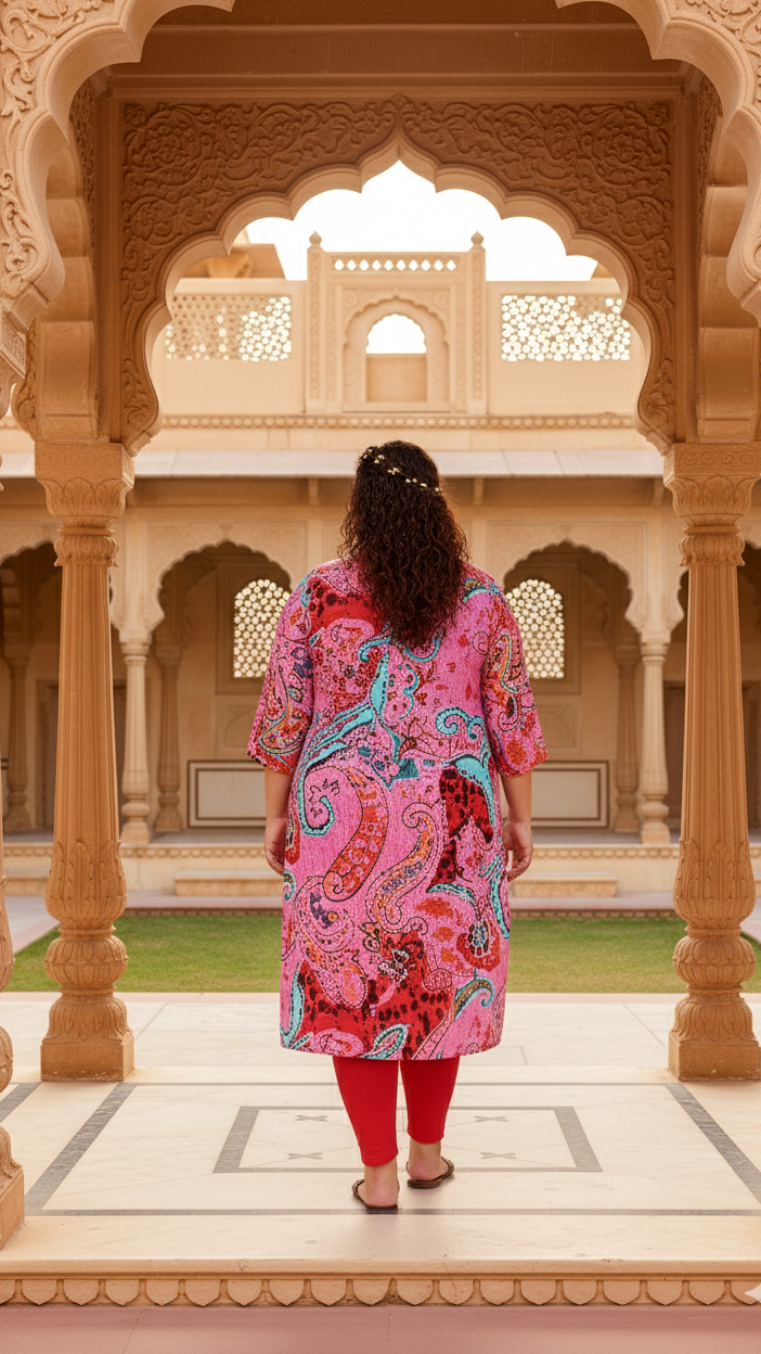 Label Flavia Bold Pink Paisley Plus Size Kurti – Artistic & Vibrant Elegance