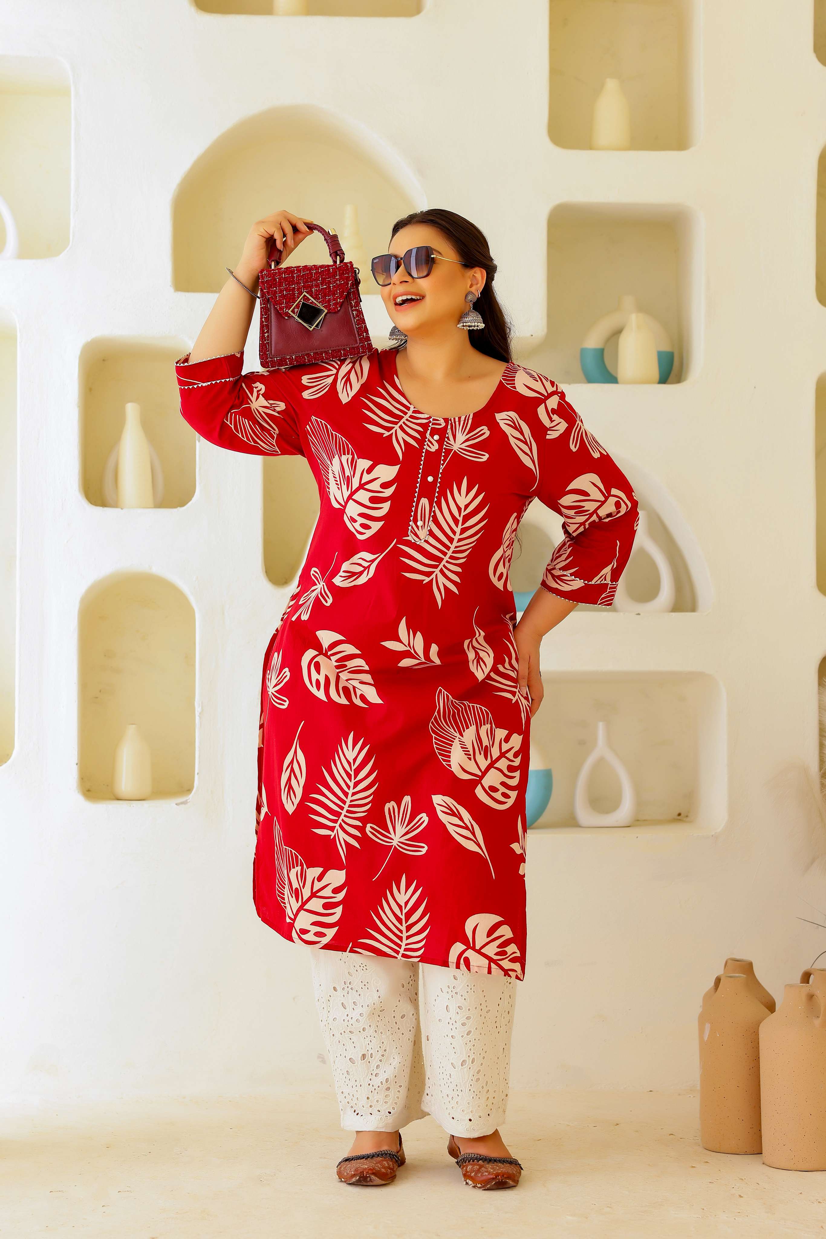 Label Flavia Women's Plus Size Cotton Kurti with 3/4 Sleeves – Elegant & Comfortable